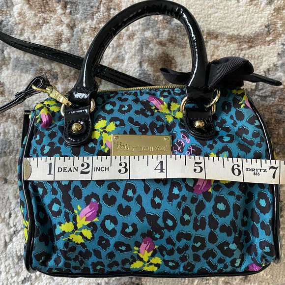 Betsey Johnson Mini Handle Bag Leopard Animal Print Floral Rose Pattern Teal - Picture 13 of 16
